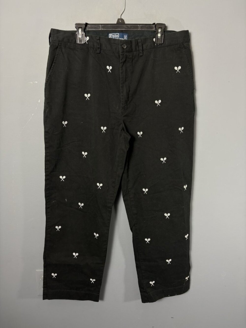 POLO RALPH LAUREN Mens Size 38x28.5 Black Embroidered Tennis Racket Pants